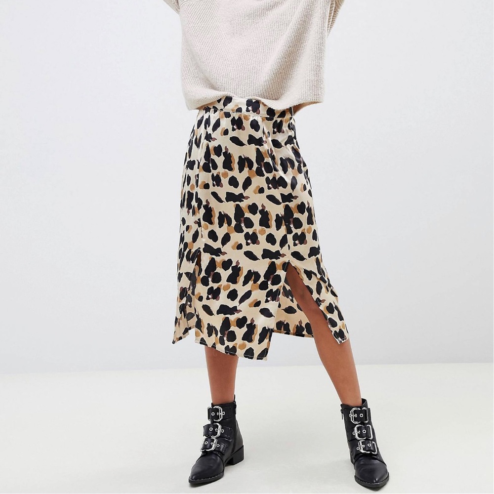 satin leopard midi skirt with slit